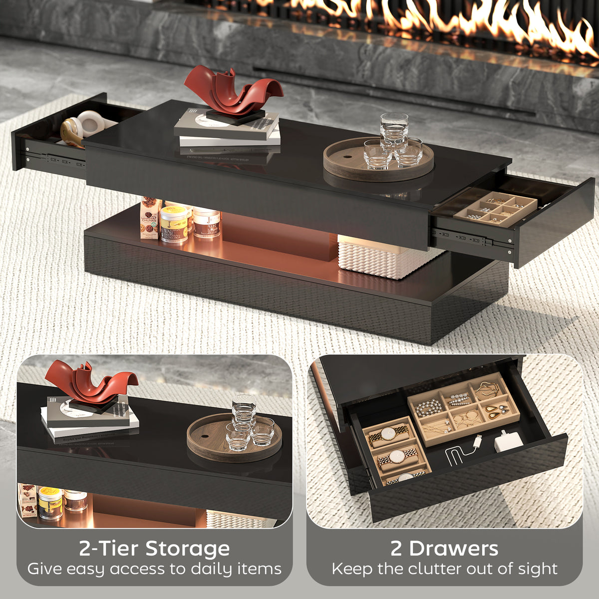 Coffee Table with Adjustable LED Lights, Modern Living Room Table with 2 Drawers, Open Shelf, Remote, High Gloss White