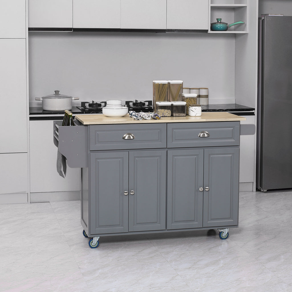 Kitchen Island with Storage, Rolling Kitchen Island with Drop Leaf, Rubber Wood Top and Adjustable Shelves, White