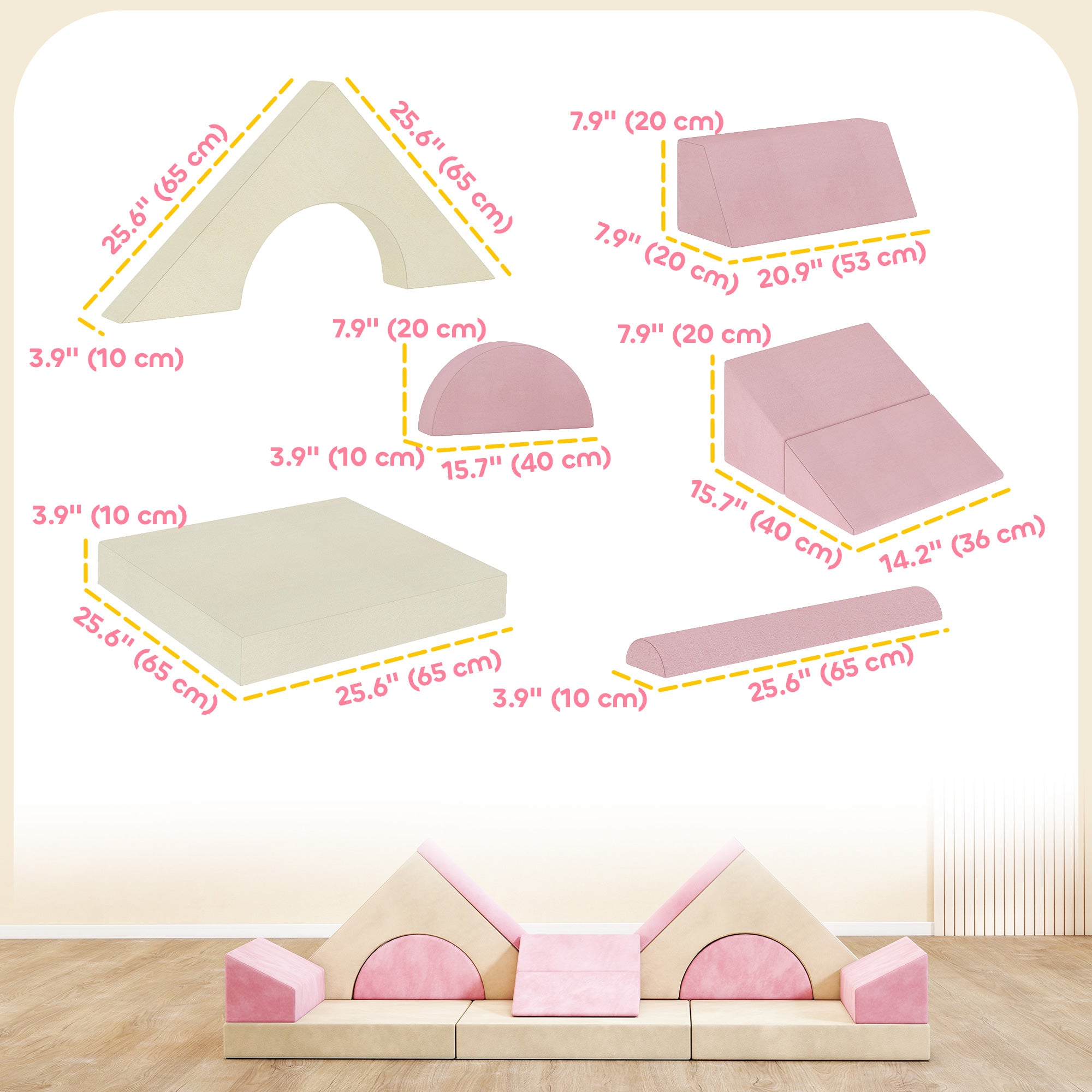 Qaba 12 PCS Modular Kids Play Couch, Child Sectional Sofa for Toddlers, Convertible Foam and Floor Cushion, Pink