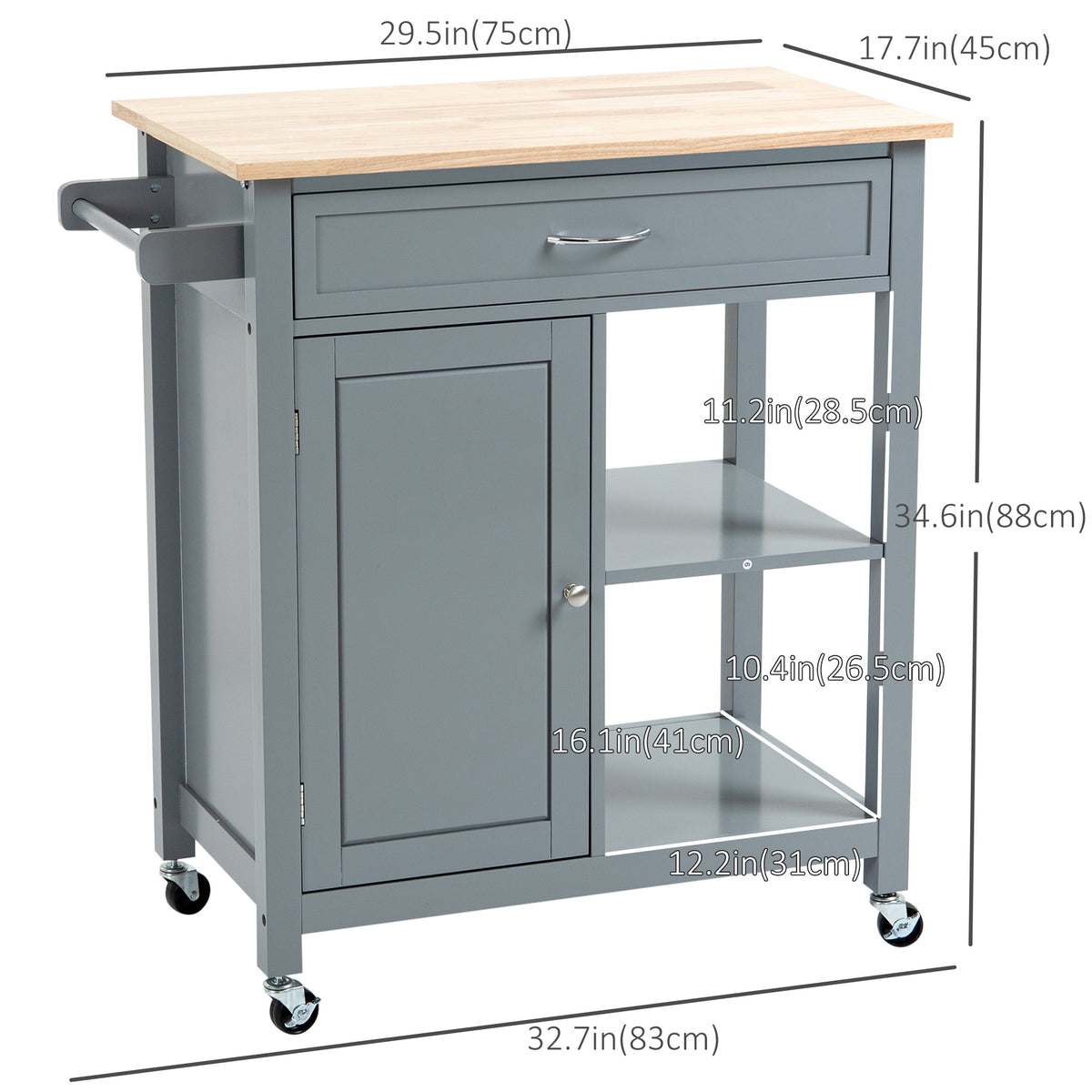 Rolling Kitchen Cart with Wood Top and Drawer, Kitchen Island on Wheels for Dining Room, Grey
