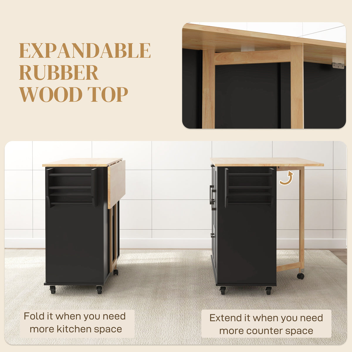 Rolling Kitchen Cart on Wheels with Drop Leaf, Kitchen Island with 3 Drawers, Solid Wood Top and Towel Rack, White