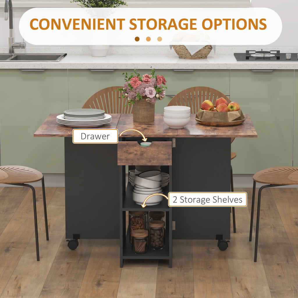 Folding Dining Table, Space Saving Drop Leaf Table with Drawer and Shelves for Kitchen, Dining Room, Rustic Brown