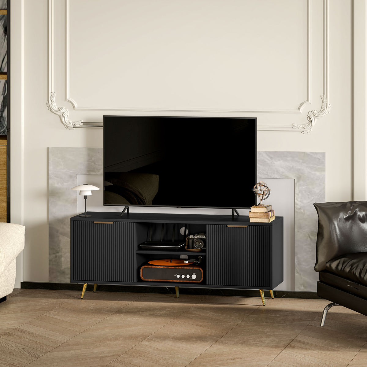 TV Stand with Storage for 55 Inch TV, Modern TV Cabinet with 2 Open Shelves and 2 Cabinets for Living Room, White