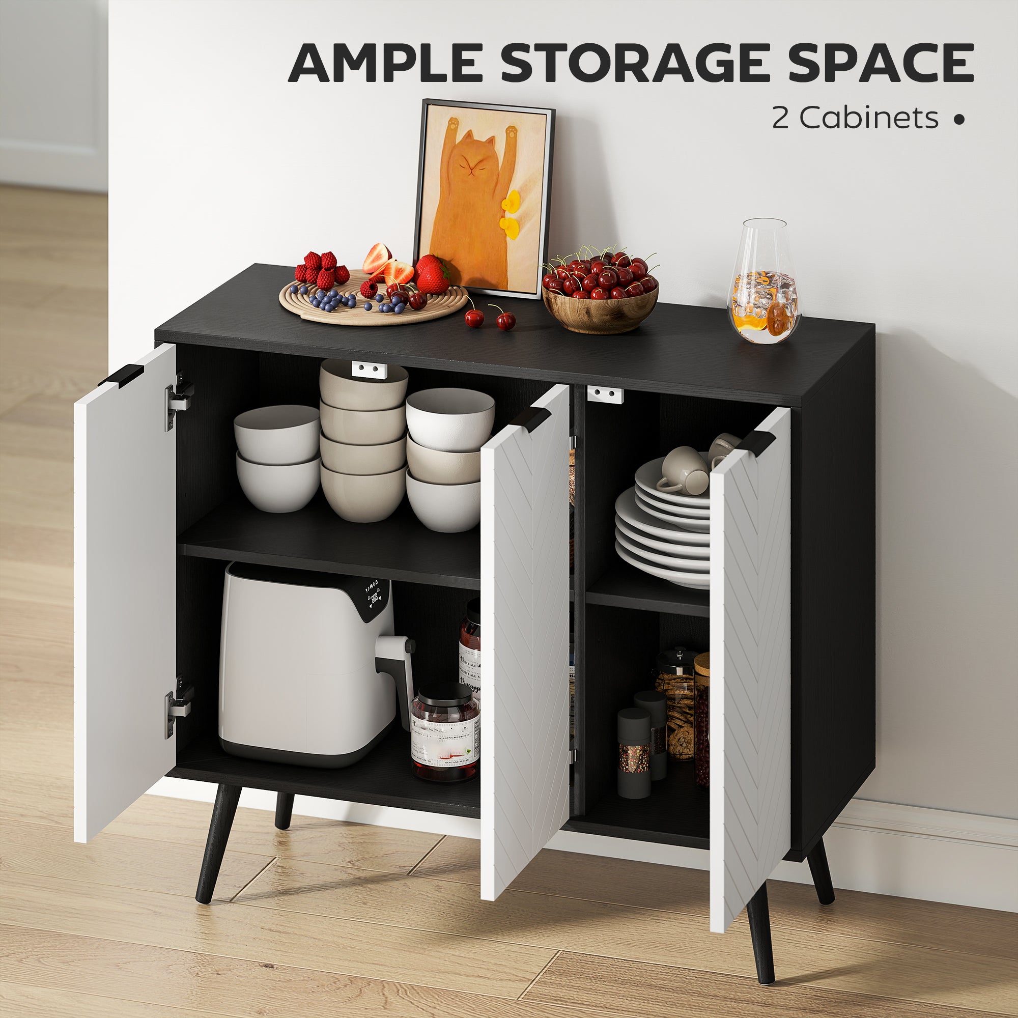 Modern Sideboard and Buffet, Dining Room Cabinet with Adjustable Shelves and 4 Doors, Black