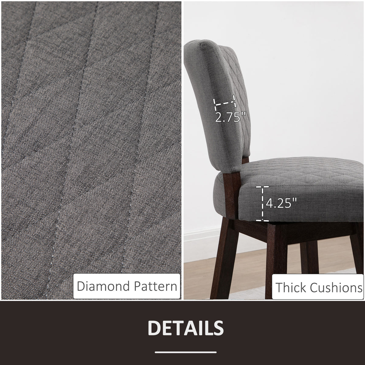 2 Pieces Swivel Bar Stools, Counter Height Stools Set of 2 with Wood Legs and Footrests for Dining Room, Dark Grey
