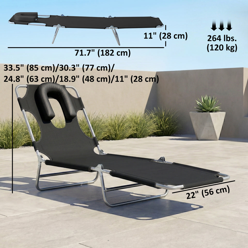 Folding Lounge Chair Outdoor, Tanning Chair with Face Hole Arm Slots, Beach Chaise Lounger with Pillow, 5-Position Adjustable Portable Sun Lounger Bed for Pool, Black