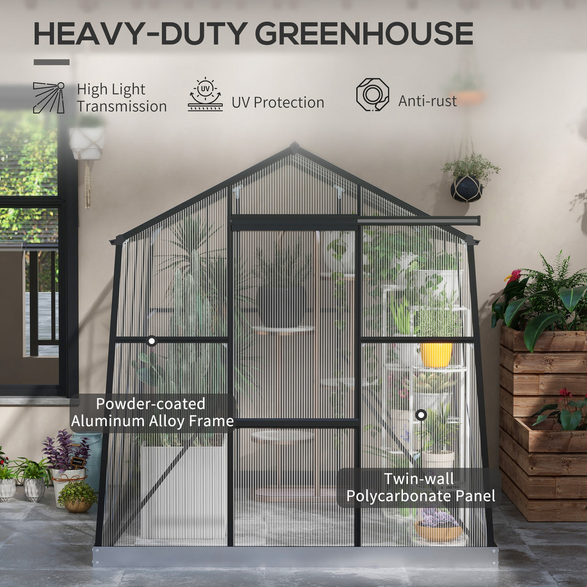 6' x 2.5' Walk-in Polycarbonate Greenhouse Aluminium Green House with Sliding Door, 5-Level Roof Vent, Rain Gutter