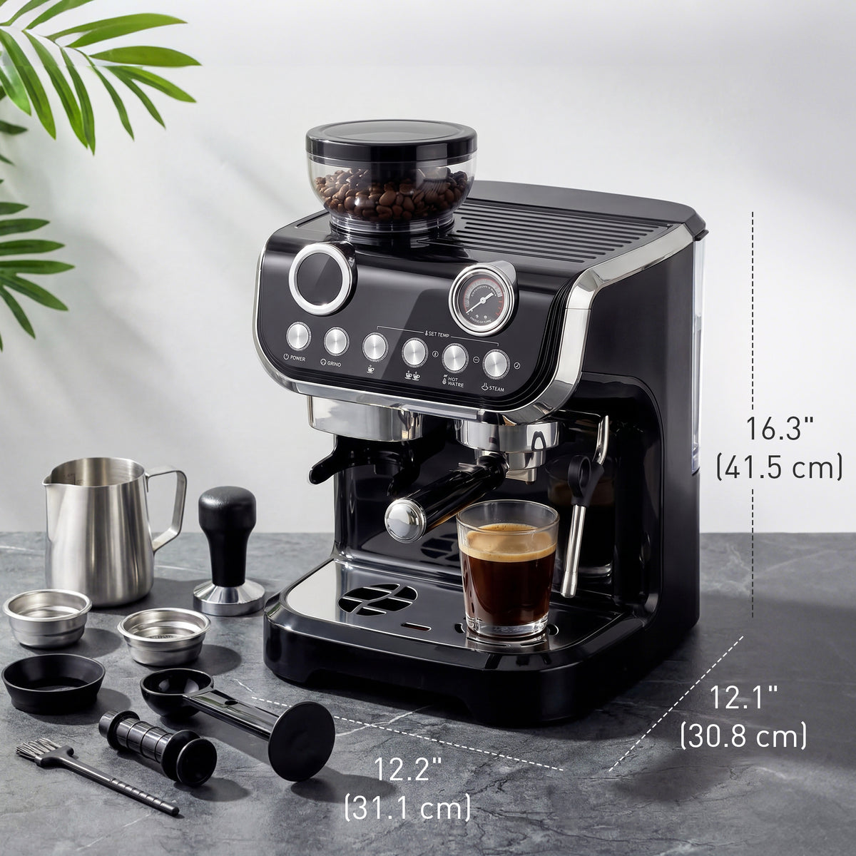 15 Bar Coffee Maker Espresso Machine with Grinder Milk Frother Stainless Steel Espresso Maker for Cappuccino Latte Black