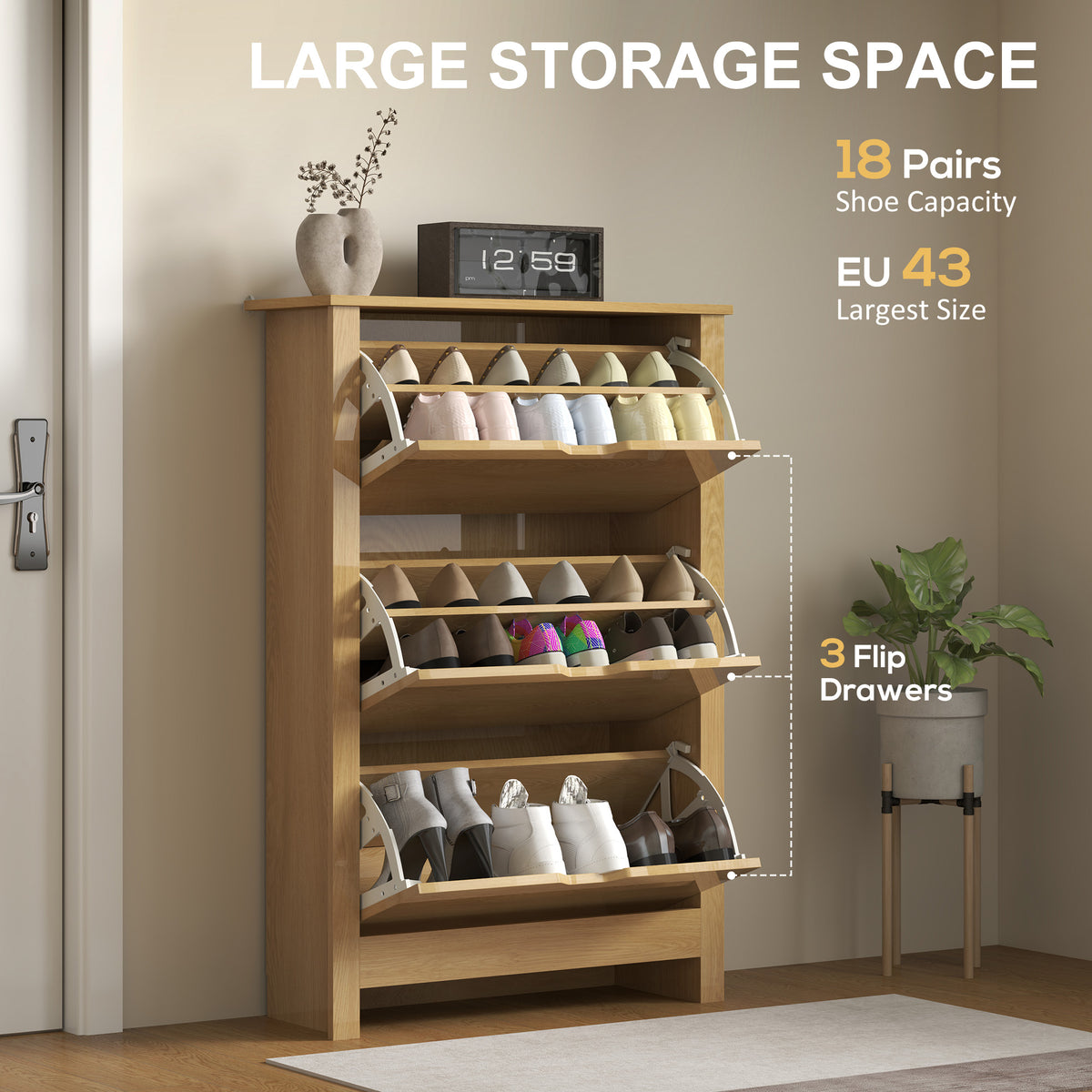 Shoe Storage Cabinet with 2 Flip Drawers and Adjustable Shelves for 8–12 Pairs of Shoes, Natural Wood