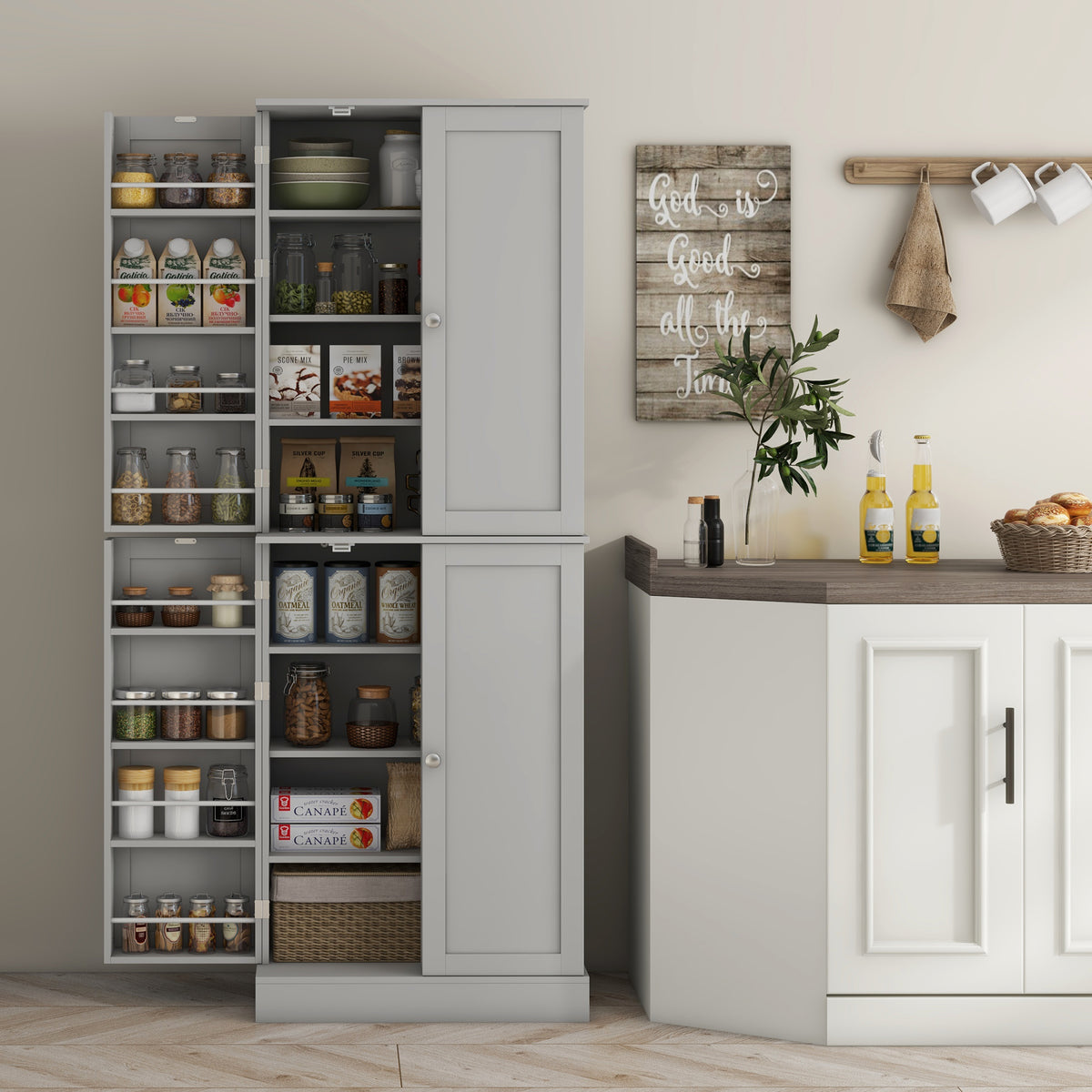 65" Kitchen Cabinet, Kitchen Pantry Cabinet with 4 Doors and 16 Door Shelves for Dining Room, White