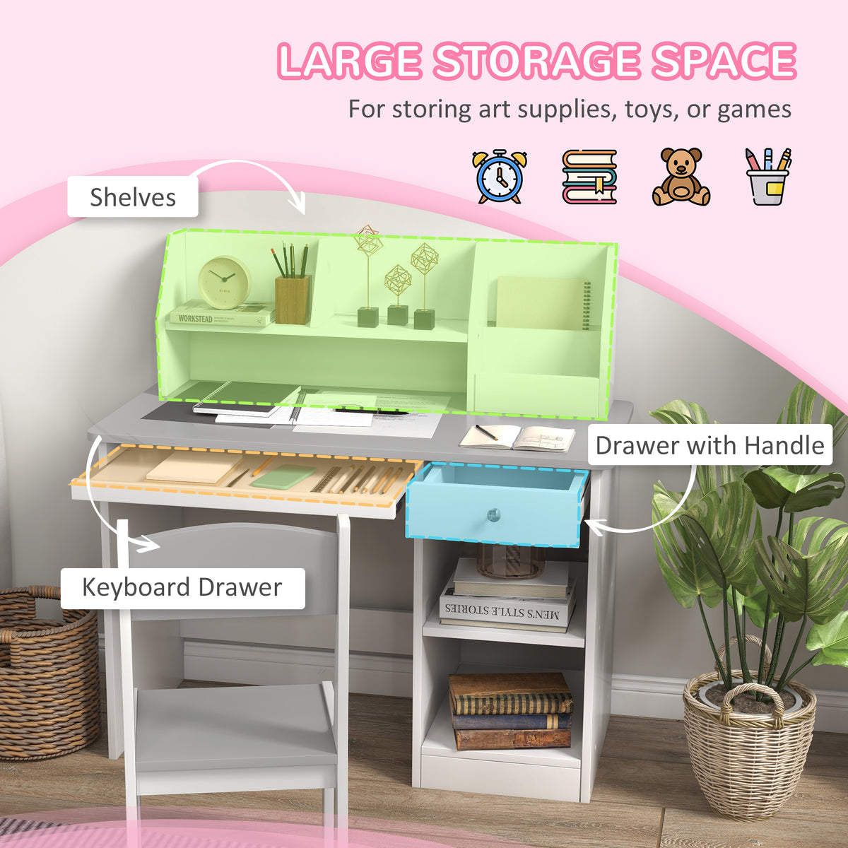 Qaba Kids Desk and Chair Set for 5-8 Year Old with Storage, Study Table and Chair for Children, Grey