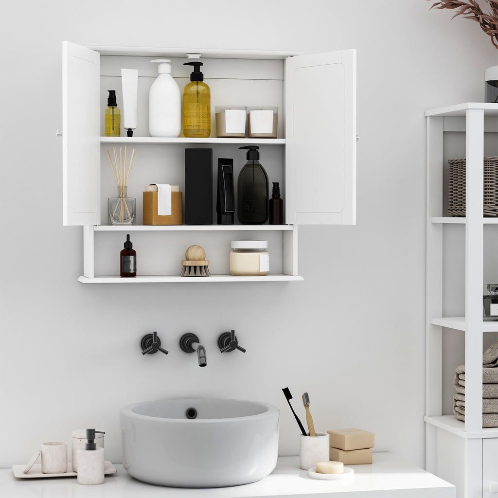 Medicine Cabinet, Wall-Mounted Bathroom Mirror Cabinet with Double Doors, Open Shelf, and Adjustable Shelf, Modern Bathroom Wall Cabinet, White