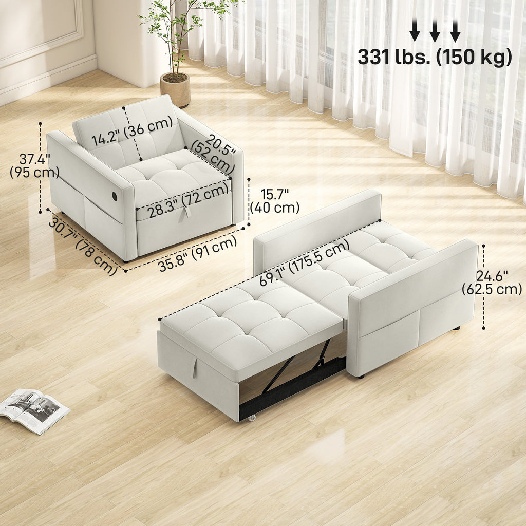 Convertible Chair Bed, Pull Out Sleeper Chair with USB, Adjustable Backrest, Small Velvet Futon Sofa Bed, Cream White