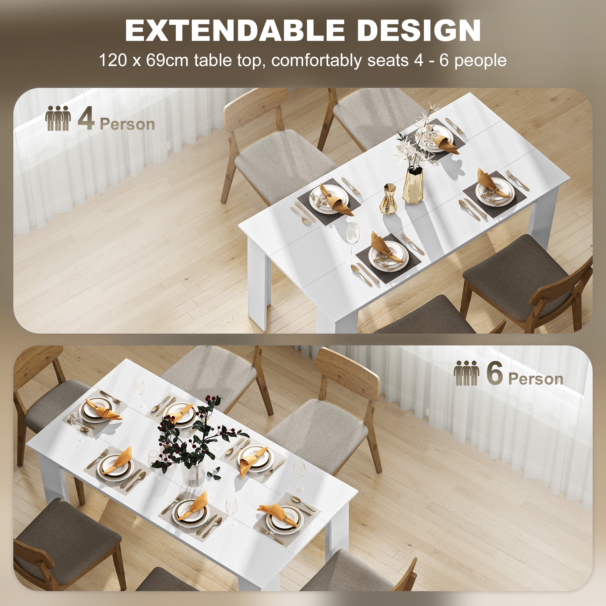 47" Kitchen Table for 4-6 People, Dining Table with Wood Effect for Dining Room, Oak