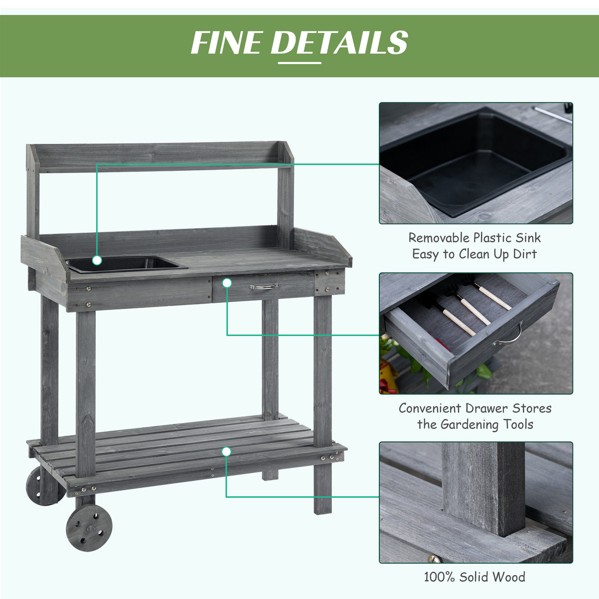 36" Wooden Potting Bench Work Table with 2 Removable Wheels, Sink, Drawer & Large Storage Spaces, Gray