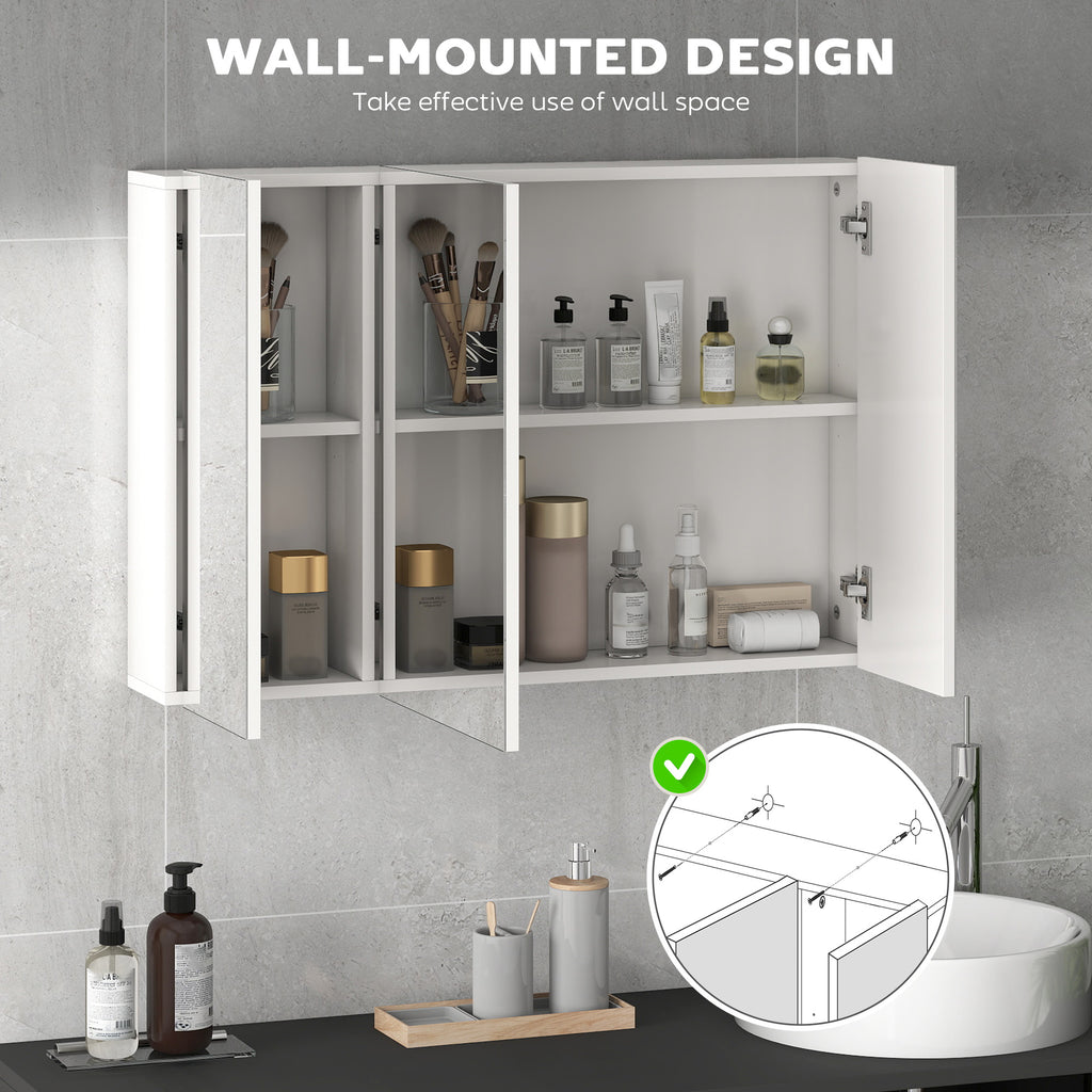 28" x 24" Wall Mounted Mirror Cabinet, Bathroom Medicine Cabinet with Mirror, 3 Doors and Adjustable Shelves, White