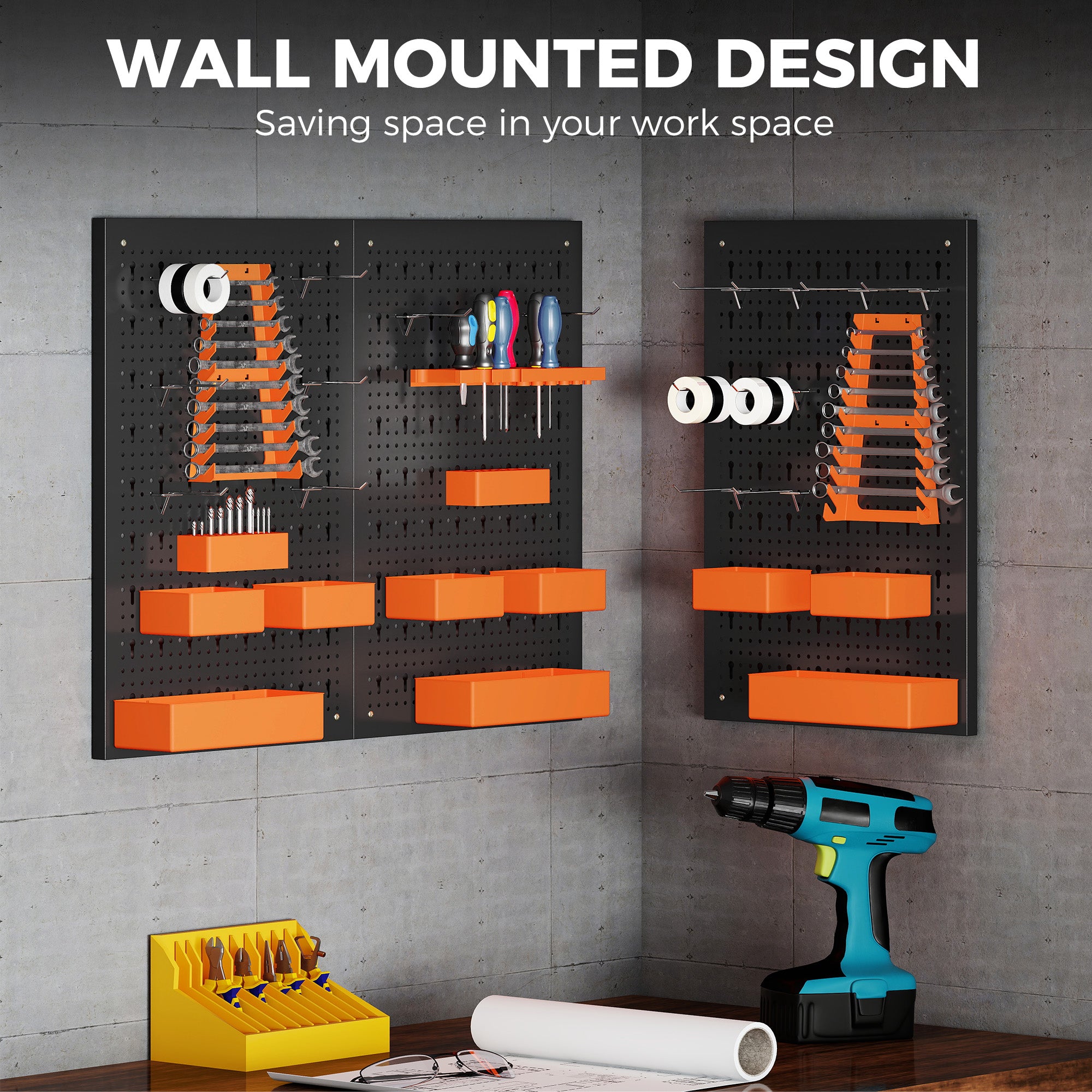 33 Piece Metal Pegboard Panels, Peg Board with 16 Hooks, Bins and Racks, Black and Orange