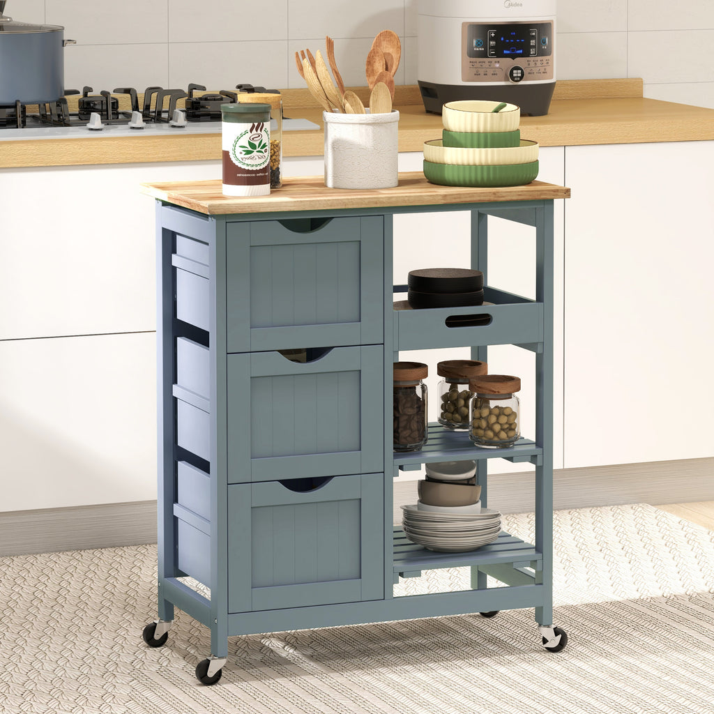 Kitchen Cart on Wheels, Rolling Kitchen Island Cart with Wood Top, 3 Drawers and Shelves for Home Dining Area