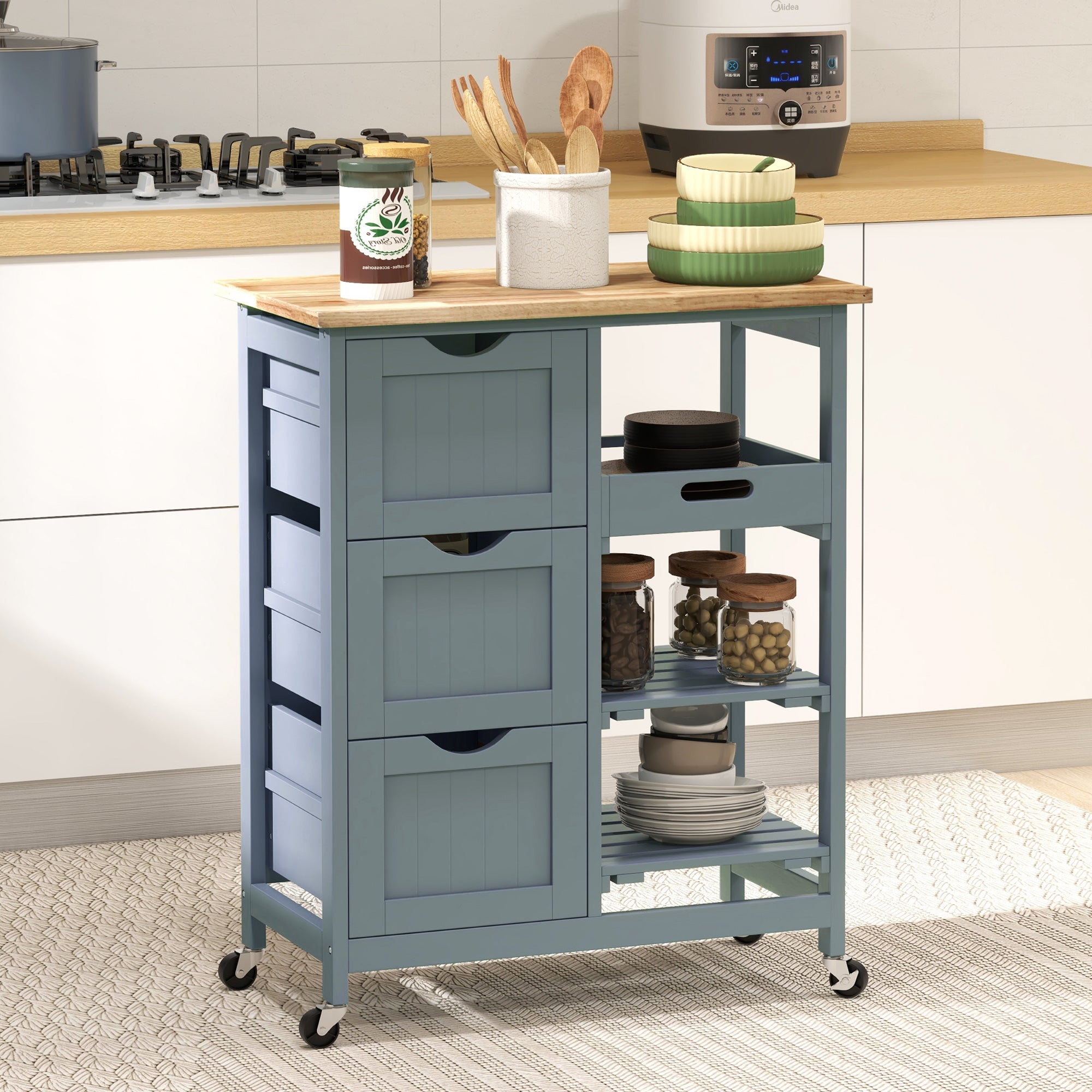 Kitchen Cart on Wheels, Rolling Kitchen Island Cart with Wood Top, 3 Drawers and Shelves for Home Dining Area