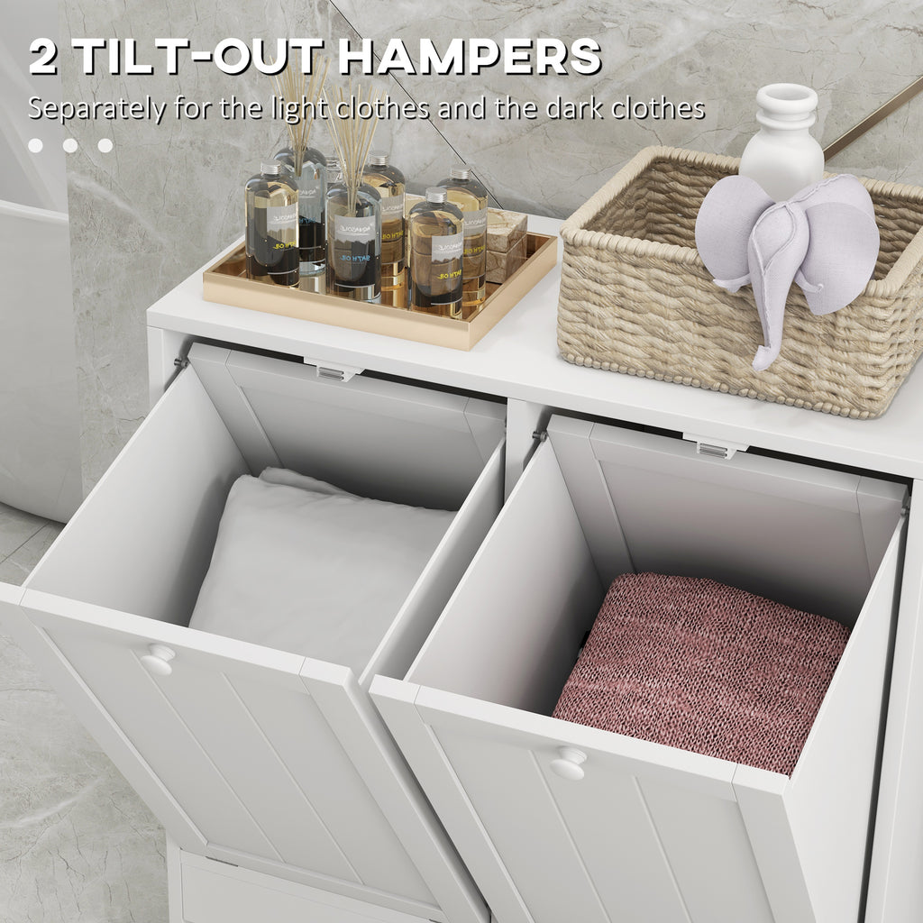 Tilt-Out Laundry Storage Cabinet, Modern Laundry Hamper with 2 Compartments for Bathroom Washroom, White
