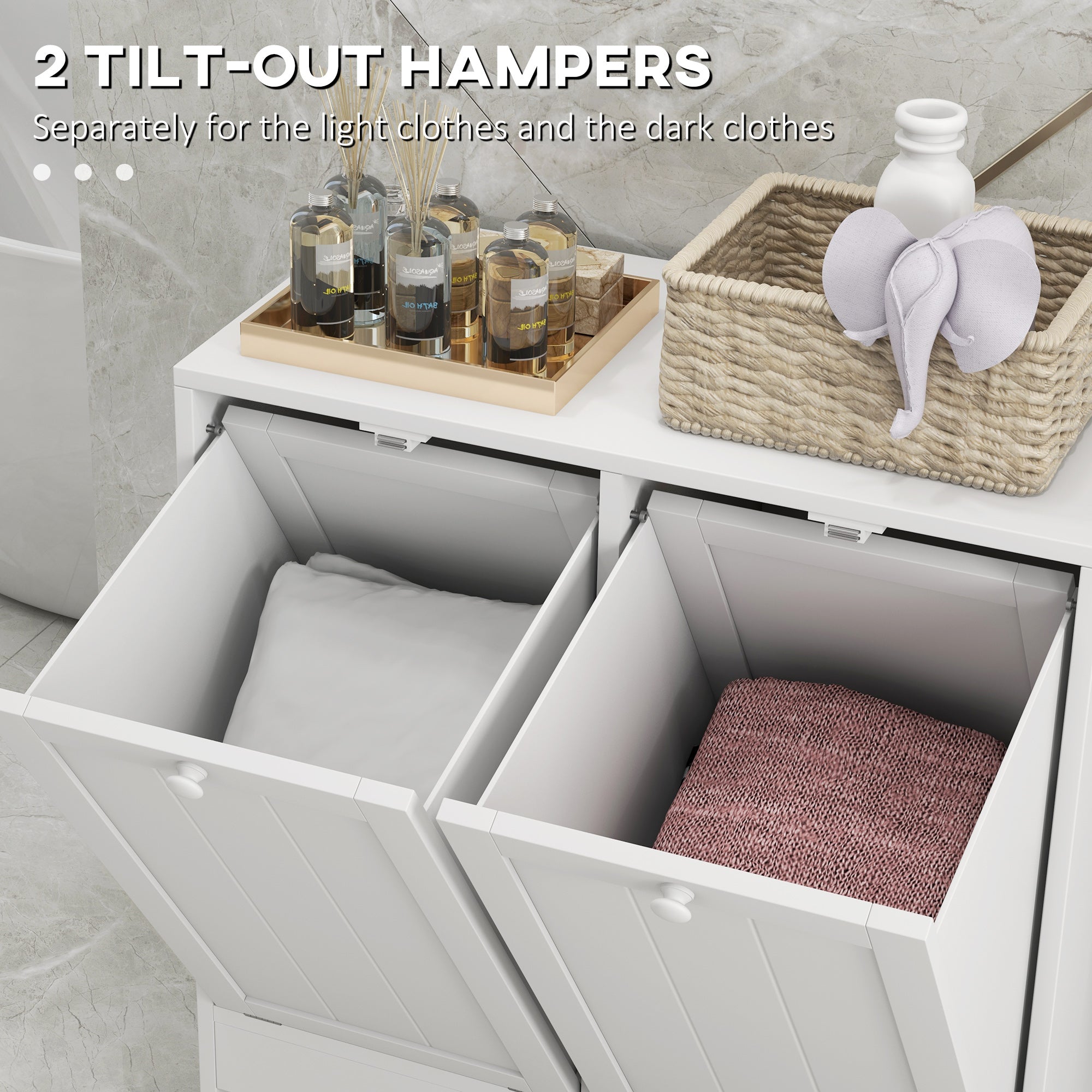 Tilt-Out Laundry Storage Cabinet, Modern Laundry Hamper with 2 Compartments for Bathroom Washroom, White