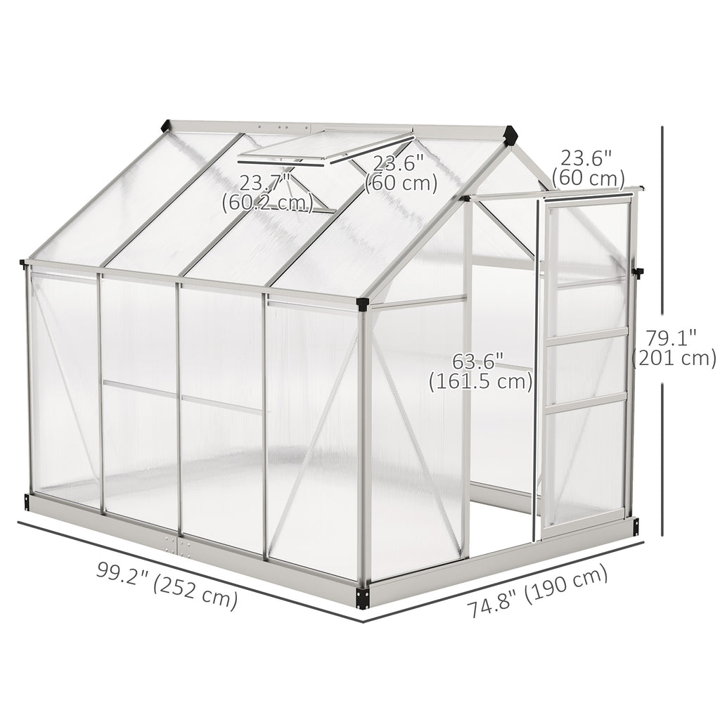 6' x 4' x 6.6' Polycarbonate Greenhouse, Walk-In Green House Kit Garden, Plants Grow, Galvanized Sheet Aluminum Frame with Rain Gutter, Vent and Sliding Door, Silver