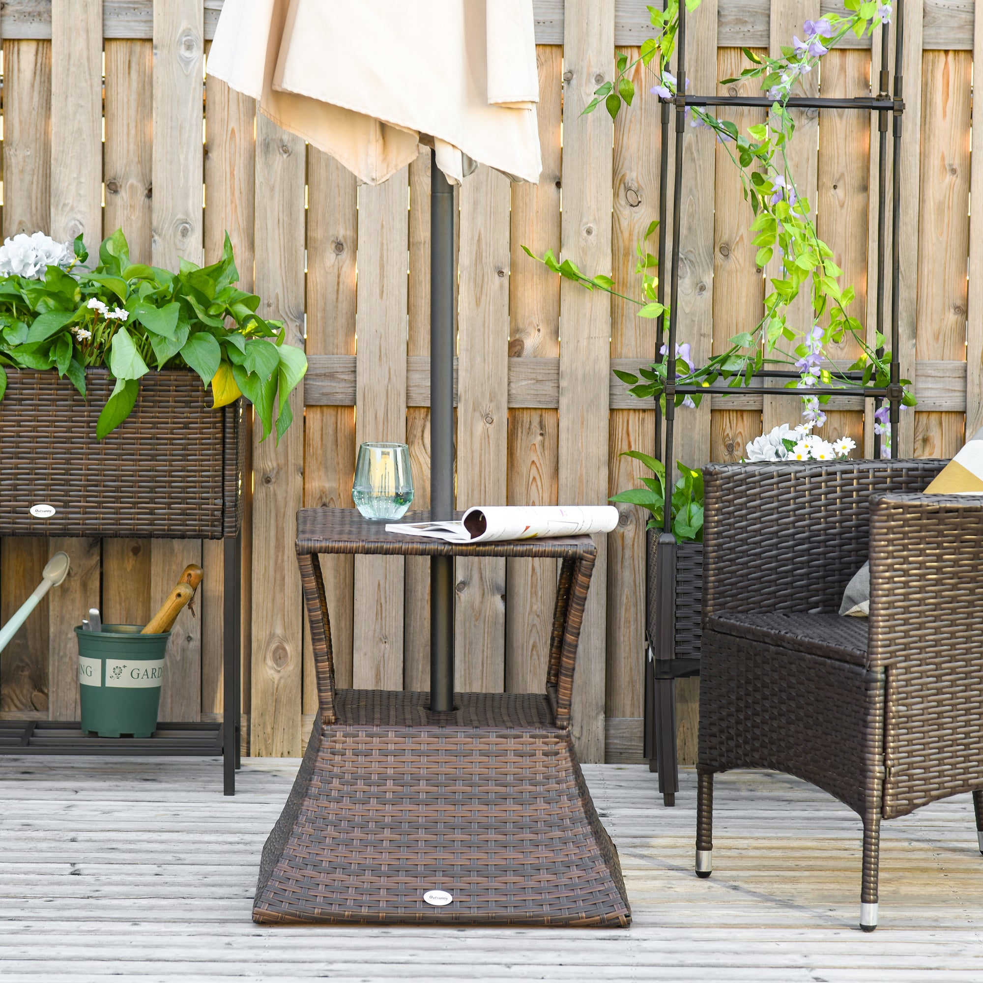 Rattan Wicker Side Table, 21.3" Square Outdoor End Table with Umbrella Hole 2-Tier Storage for Patio Garden Mixed Brown