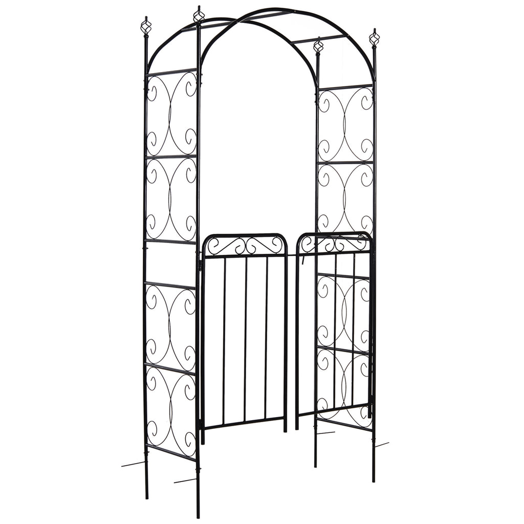 7' Metal Garden Arbor Arch with Scrollwork Doors for Ceremony, Weddings, Party, Backyard, Lawn