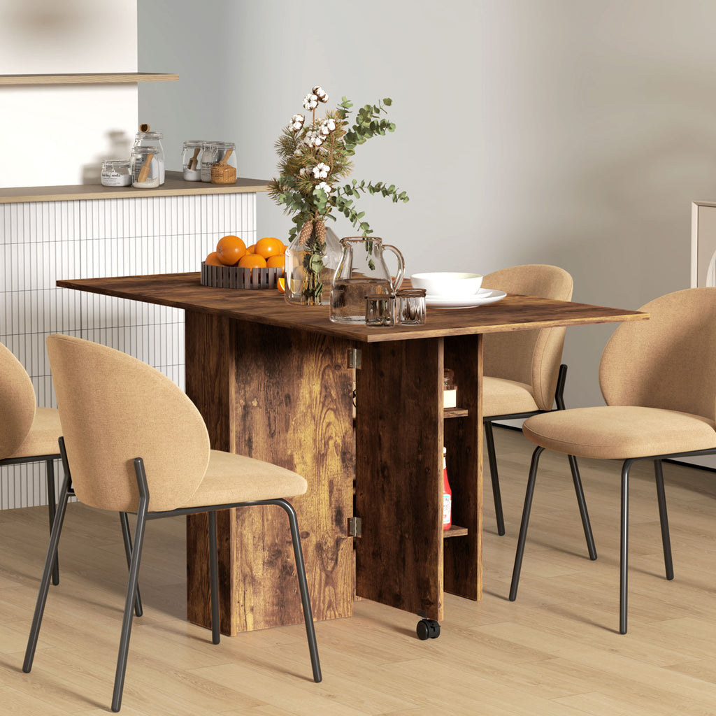 Extendable Dining Table, Collapsible Folding Table w/ 2-tier Shelves and Rolling Casters, Rustic Brown