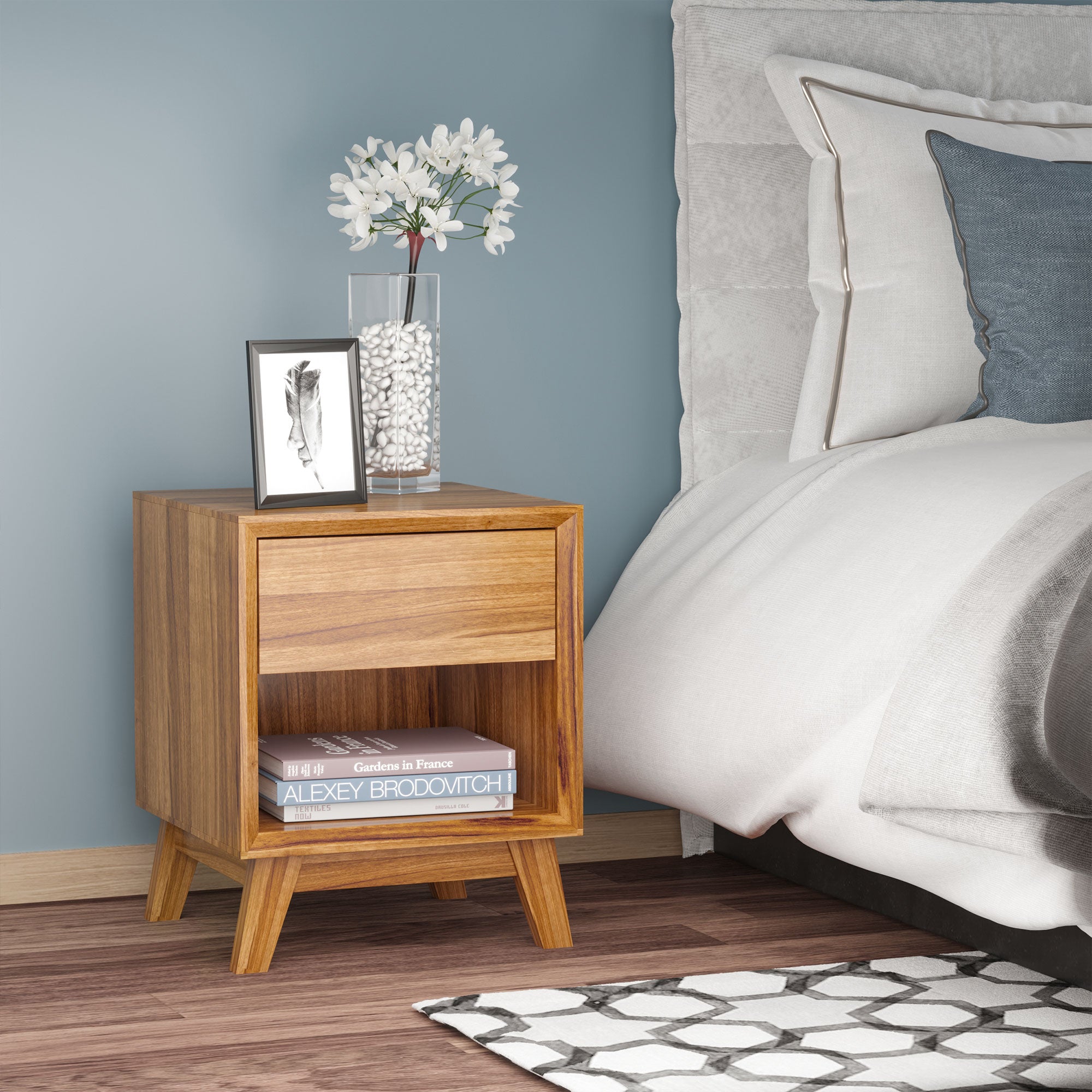 Bedside Table for Bedroom, Nightstand with Drawer and Shelf, Modern Side End Table, Walnut Brown