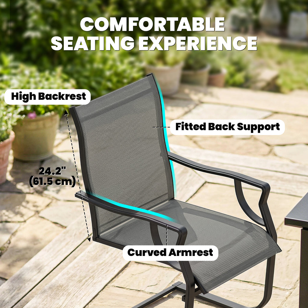 C Spring Motion Patio Chairs Set of 2 with Curved High Backrest, Armrest, All Weather Breathable Fabric, Metal Frame