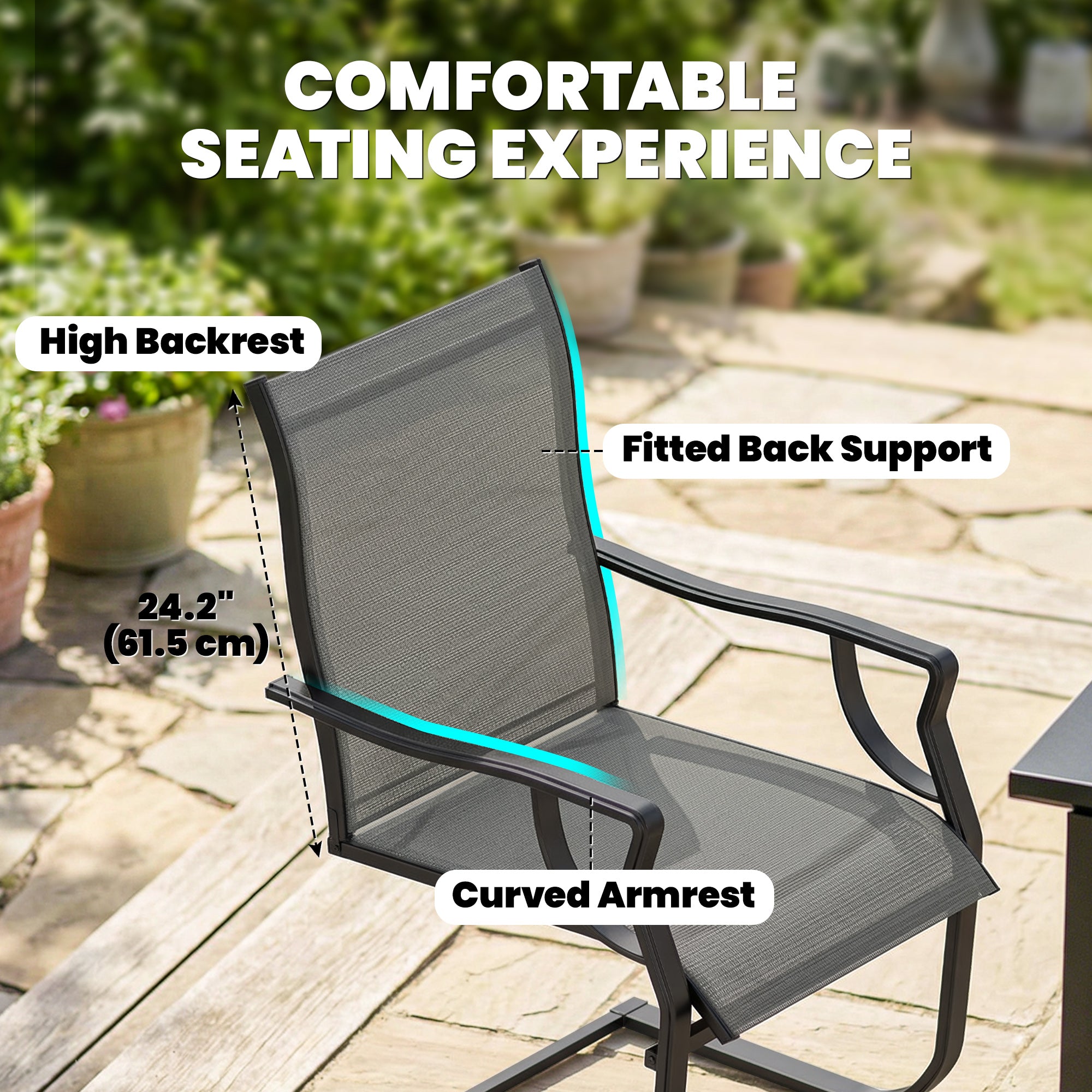 C Spring Motion Patio Chairs Set of 2 with Curved High Backrest, Armrest, All Weather Breathable Fabric, Metal Frame
