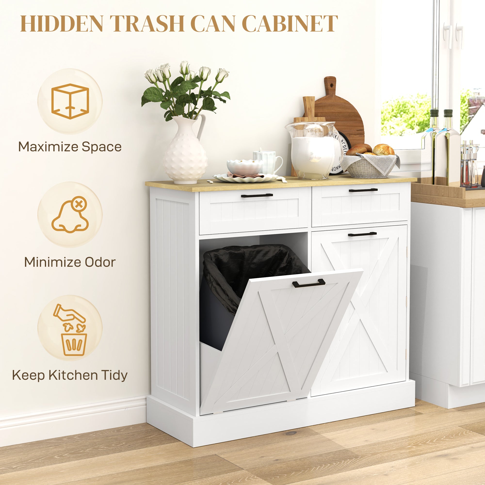 10 Gallon Hidden Garbage Bin Cabinet, Tilt Out Trash Cabinet w/ 2 Drawers, Freestanding Kitchen Island, Black