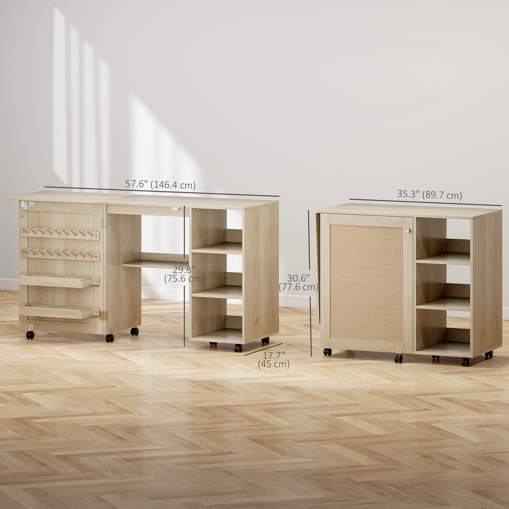Sewing Machine Table with Drop Leaf, Folding Craft Table Rattan Door and Storage Shelves for Small Spaces, Natural