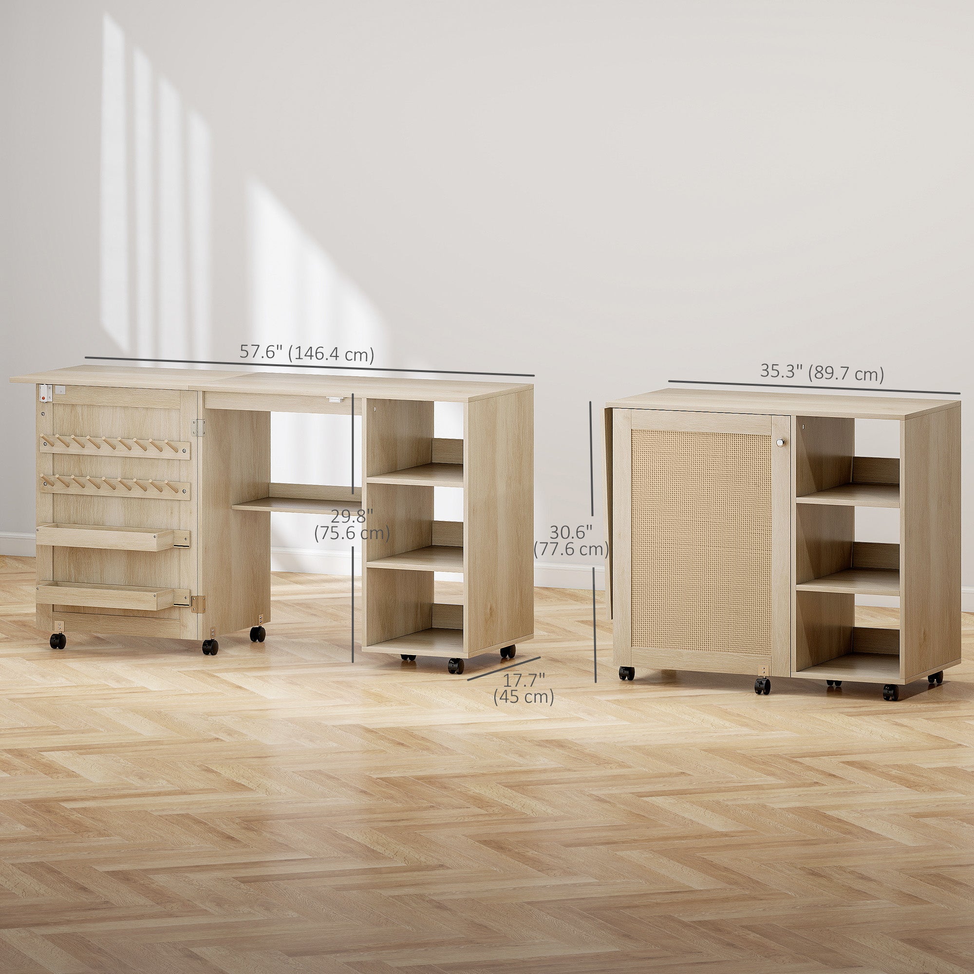 Sewing Machine Table with Drop Leaf, Folding Craft Table Rattan Door and Storage Shelves for Small Spaces, Natural