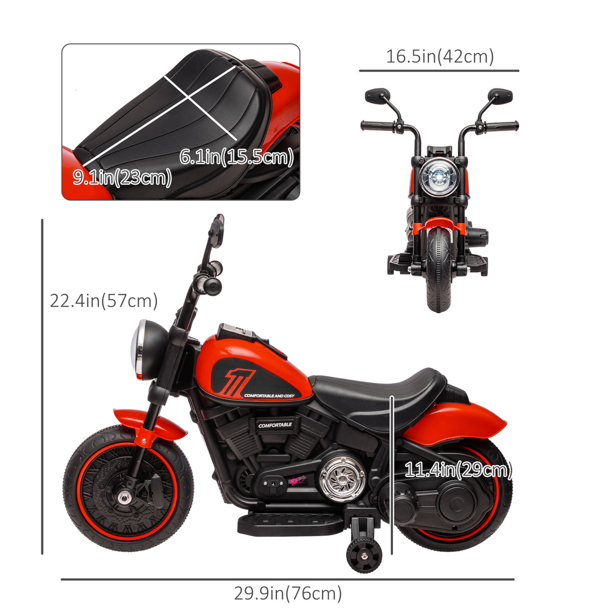 Aosom 6V Kids Motorcycle with Training Wheels, Foot Pedal, Headlight, Music, Forward/Reverse, Single-Button Start, Red
