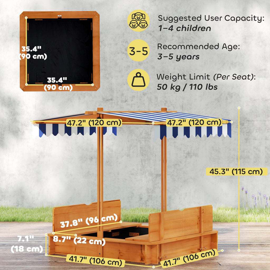 Wooden Kids Sandbox with Cover, Sand Play Station with Foldable Bench Seats and Adjustable Canopy, Red