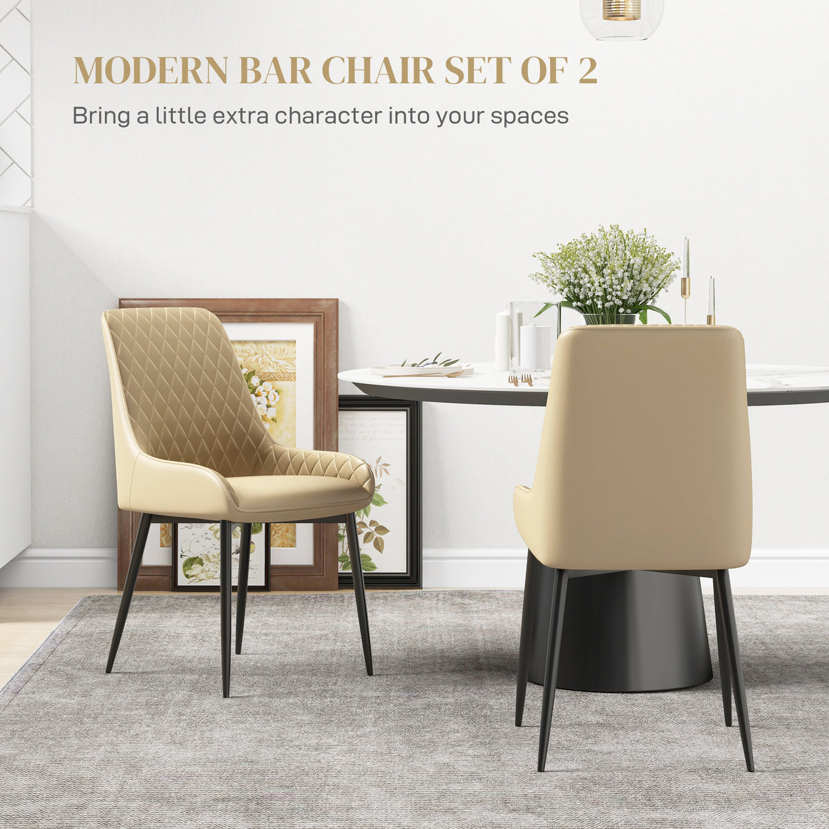 Upholstered Kitchen Chairs, Modern Dining Chairs Set of 2 with Diamond Tufting and Steel Legs for Dining Room, Khaki