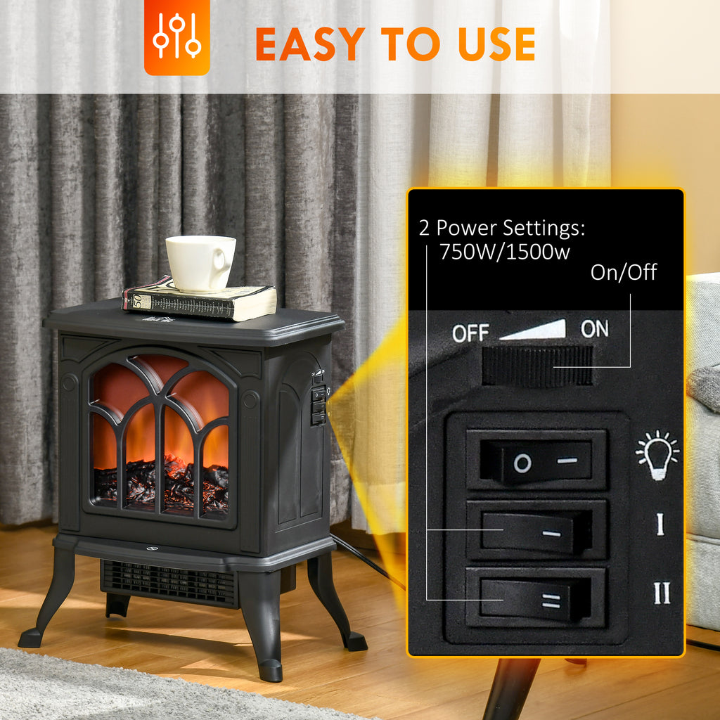 Electric Fireplace Heater, Freestanding Fireplace Stove with Realistic Flame, Overheat Protection, 750W/1500W, White