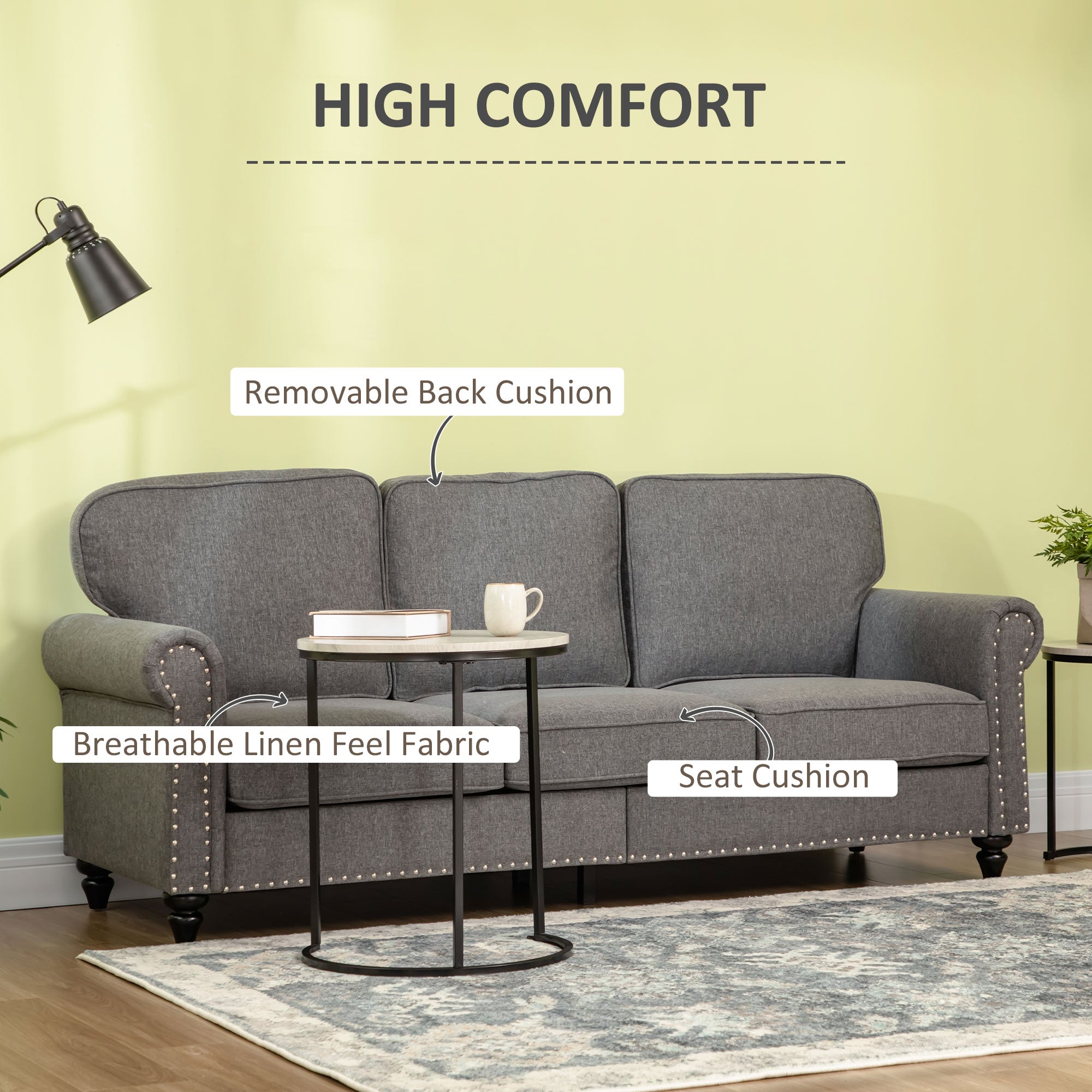 3-Seater Sofa Couch, 81" Modern Upholstered Linen Fabric Sofa with Rubberwood Legs, Nailhead Trim and Rolled Arms for Living Room, Bedroom and Apartment, Grey