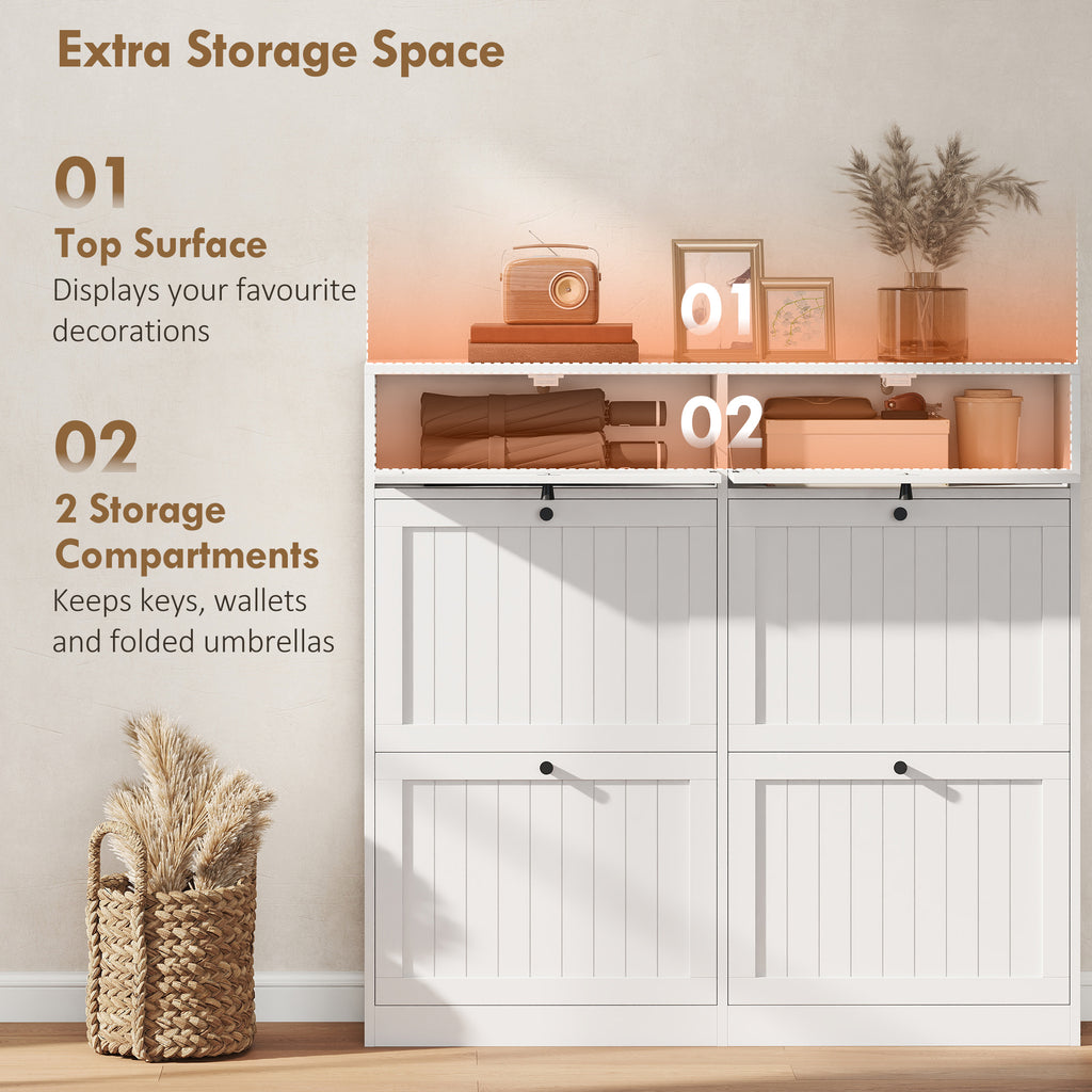 Shoe Cabinet with 2 Large Flip Drawers, Farmhouse Narrow Shoe Storage Cabinet with 2 Top Compartments, White