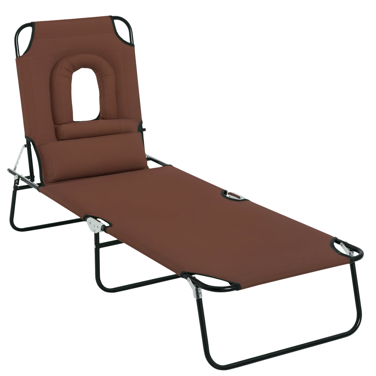 Folding Chaise Lounge Chair, Reclining Beach Tanning Chair with Face Hole, Pillow, 4-Position Adjustable Lay Flat Sun Lounger, Steel Frame for Outdoor Patio Pool, Red