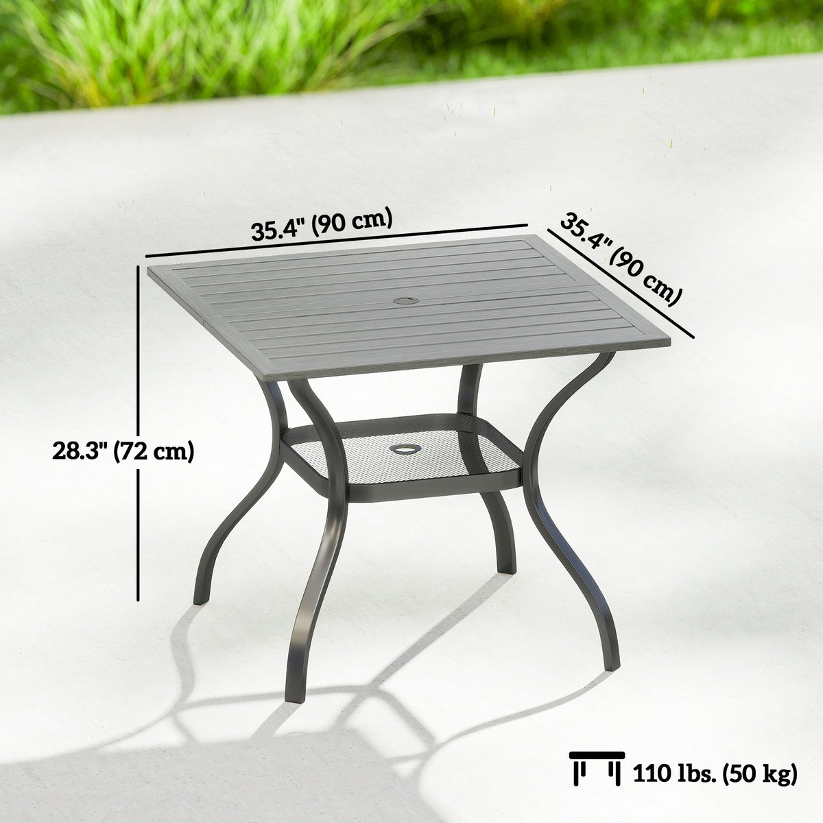 Outdoor Dining Table for 4, Square Patio Table with Umbrella Hole, Shelf, Slatted Faux Wood Steel Top, Grey