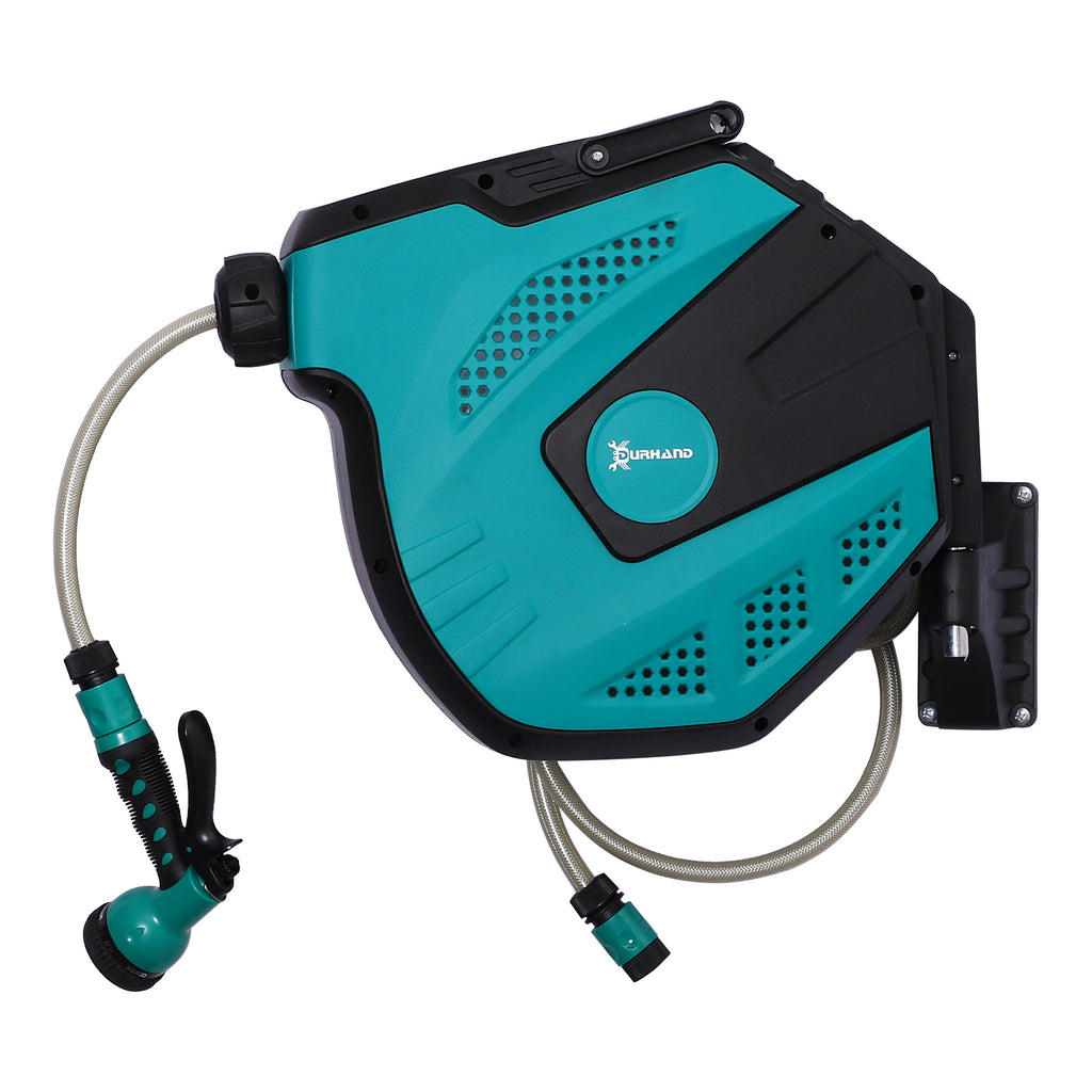 Retractable Garden Hose Reel 1/2" x 49 ft Wall Mounted with Automatic Rewind, 180° Swivel Bracket, Any Length Lock, 7 Pattern Hose Nozzle