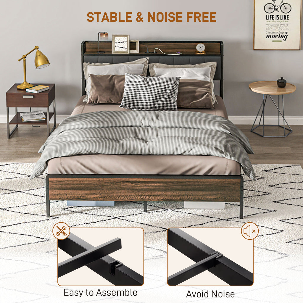 Queen Size Bed Frame with Charging Station, Queen Bed Frame with Upholstered Headboard and Storage Shelf, Walnut