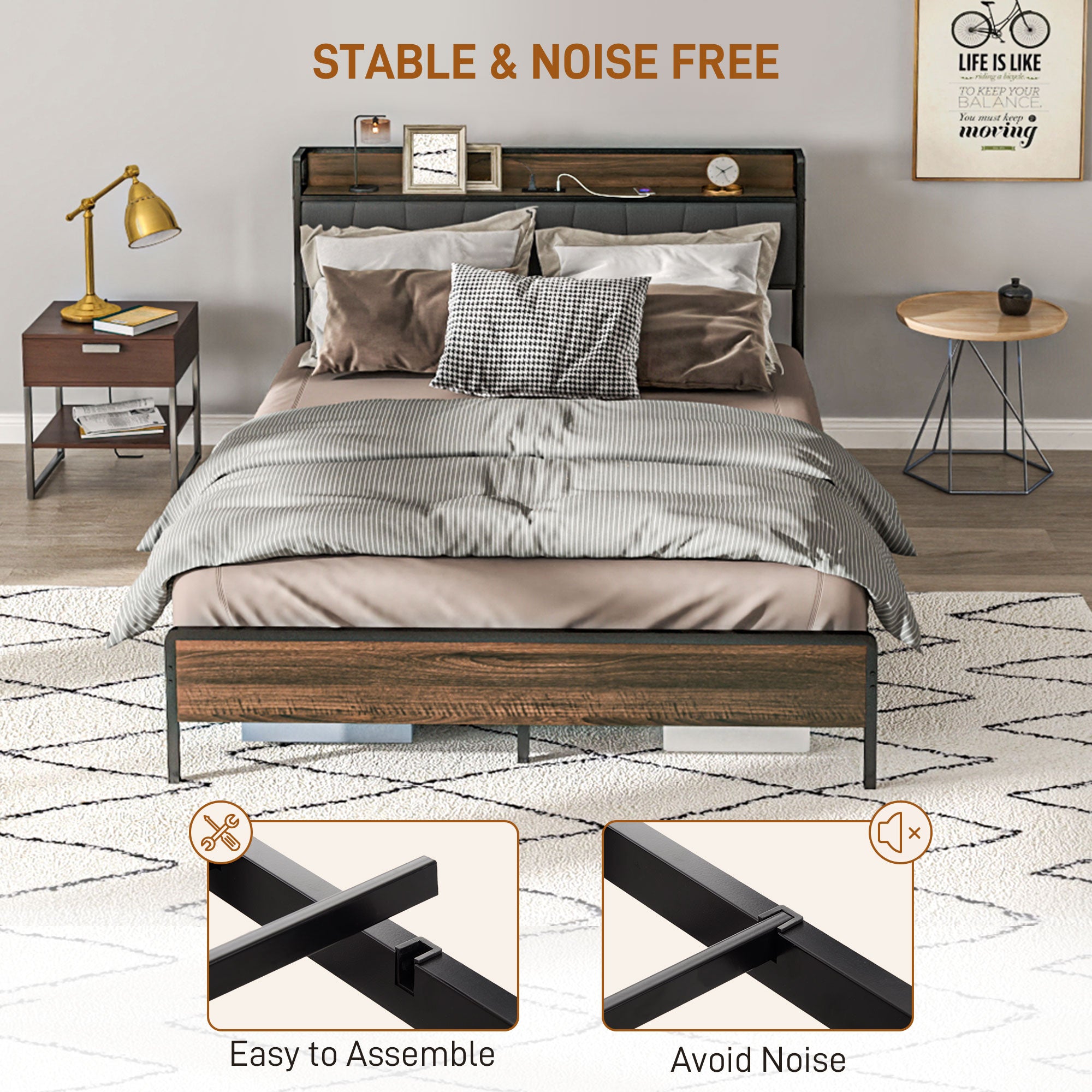 Queen Size Bed Frame with Charging Station, Queen Bed Frame with Upholstered Headboard and Storage Shelf, Walnut
