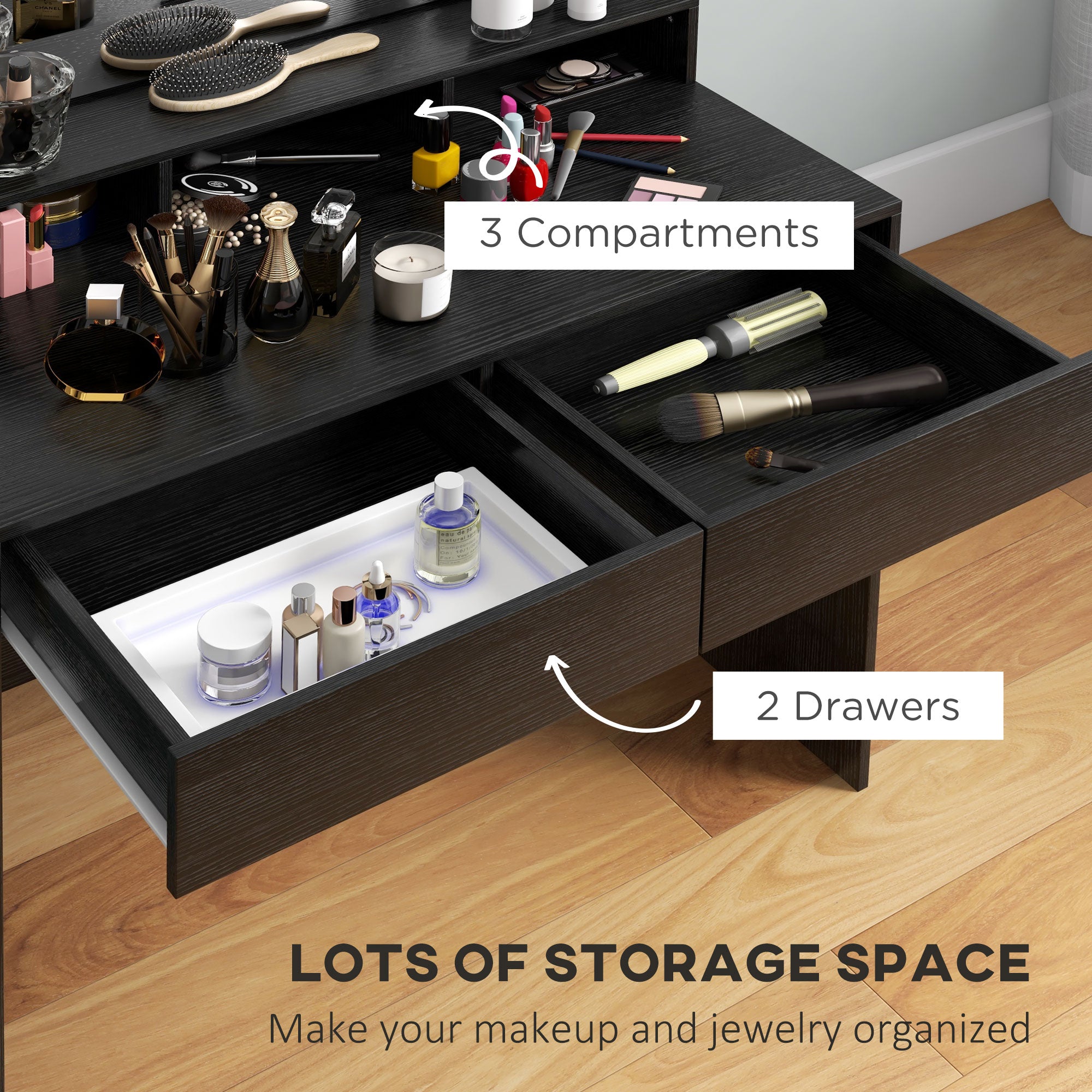Vanity Table, Makeup Dressing Table with LED Lighting Mirror, Drawers, for Bedroom, Black