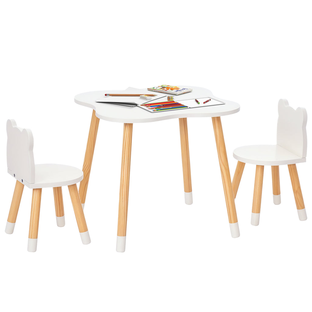 Qaba Kids Wooden Table and 2 Chairs Set, 3-Piece Dining Table with Bear Shape and Rounded Corners for 1-4 Years, White
