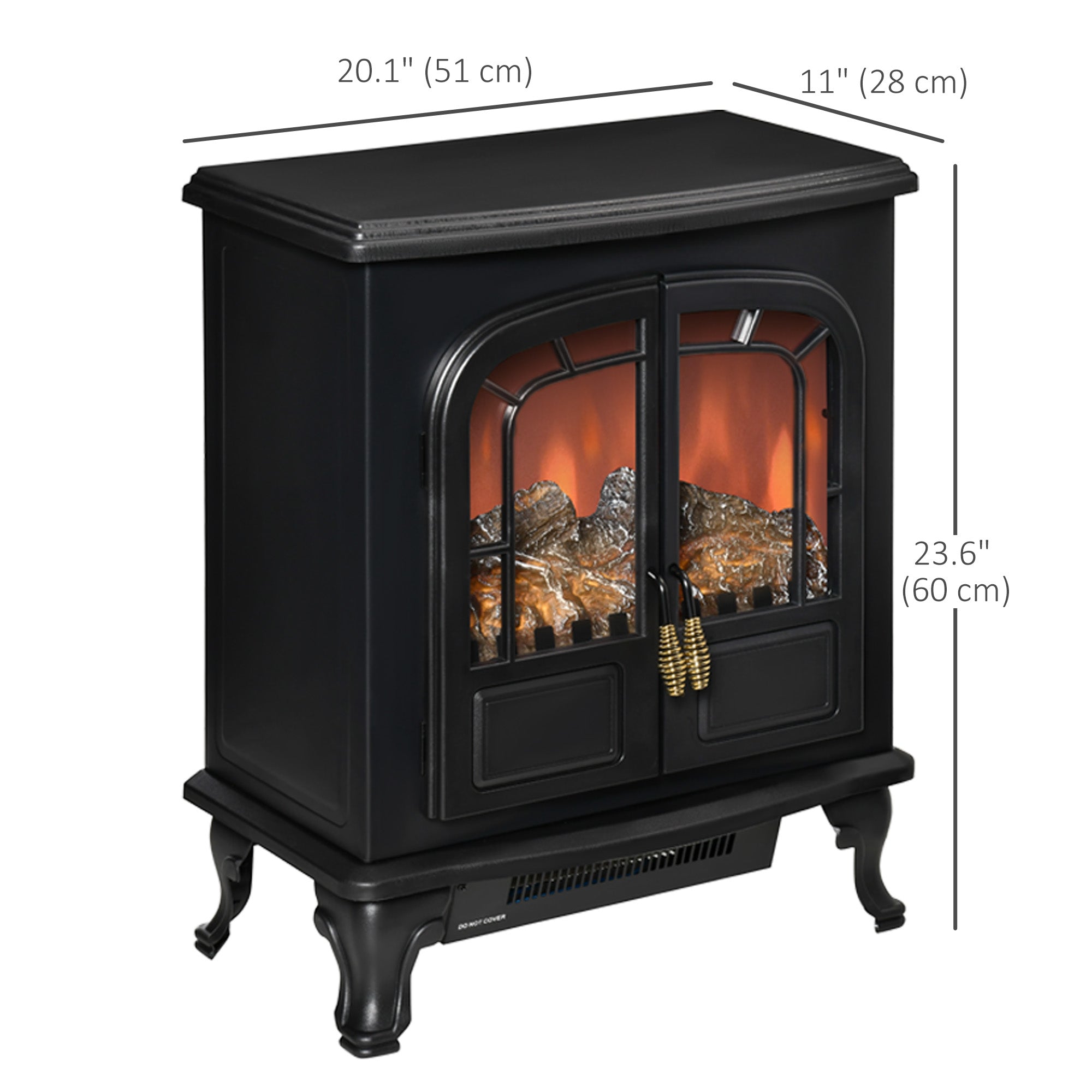 Electric Fireplace Stove Heater with LED Fire Flame Effect, Double Door, Freestanding & Portable with Overheat Protection, 750W/1500W, Black