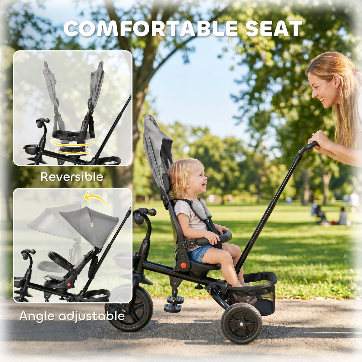 Qaba Tricycle for Toddler 5 in 1 Kids Trike, Foldable Converts Stroller to Toddler Bike, Adjustable Backrest & Curved Canopy, Detachable Guardrail & Handle for 1-5 Years Old, Grey